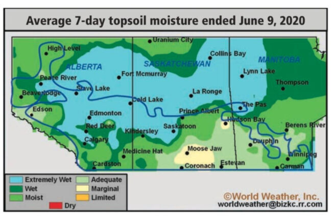 Average 7-day topsoil moisture ended June 9, 2020 graphic