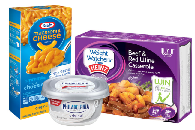 Kraft Heinz macorani and cheese, Philedelphia cream cheese and Weight Watchers frozen meals