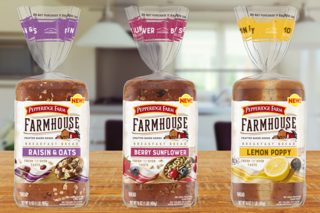 Pepperidge Farm Farmhouse Breakfast Bread in raisin & oats, berry sunflower and lemon poppy varieties