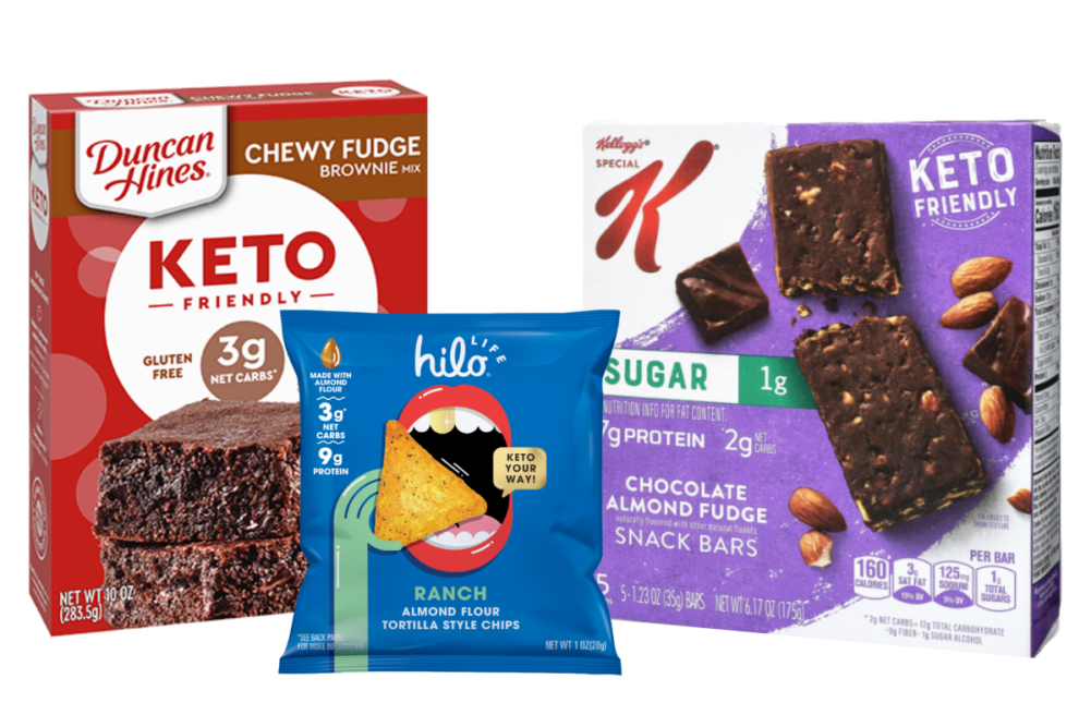 Duncan Hines keto-friendly brownie mix, HiliLife keto-friendly chips and Special K keto-friendly bars