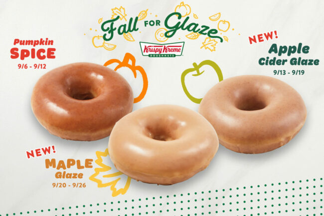 Krispy Kreme pumpkin spice, apple cider glaze and maple glaze donuts