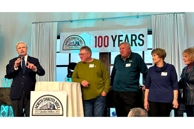 North Dakota Mill and Elevator 100th anniversary, stage, announcer, members