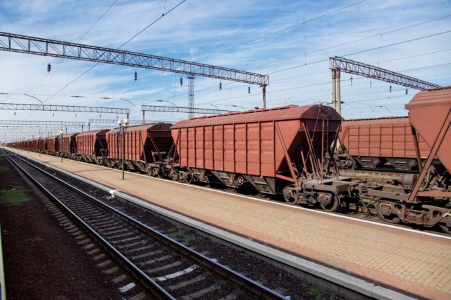 Train carrying grain, rail yard.