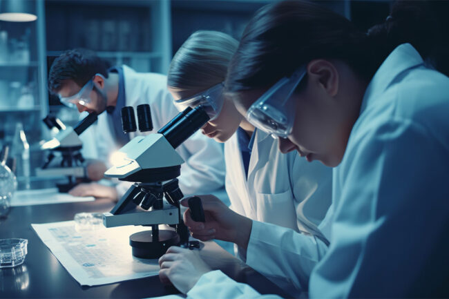 Scientists working in a lab, women scientists, microscope