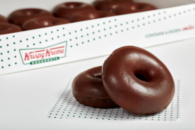 Chocolate glazed Krispy Kreme donuts