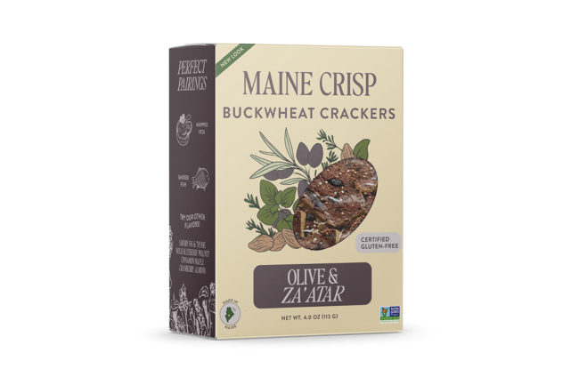 A box of buckwheat crackers from Maine Crisp Company