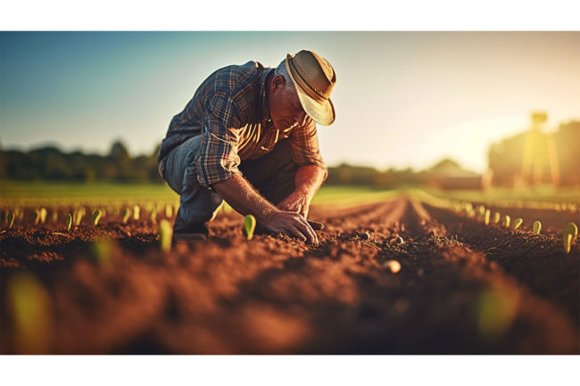 Farmer practicing regenerative agriculture at sunrise. 