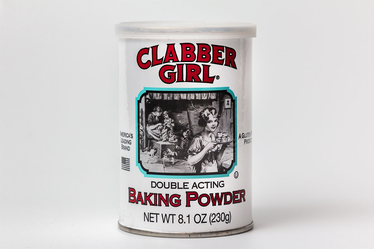 A can of Clabber Girl Baking Powder. 