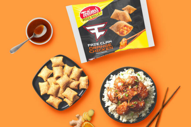 New Totino's Pizza Rolls displayed over orange background. 