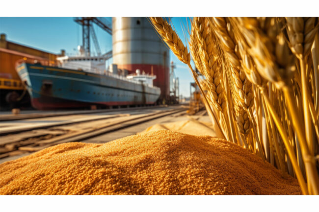 Pile of grain near shipping yard. 