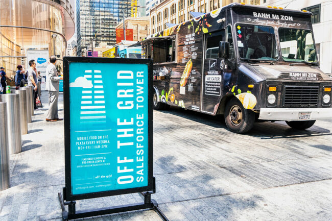 Food truck in busy city center. 