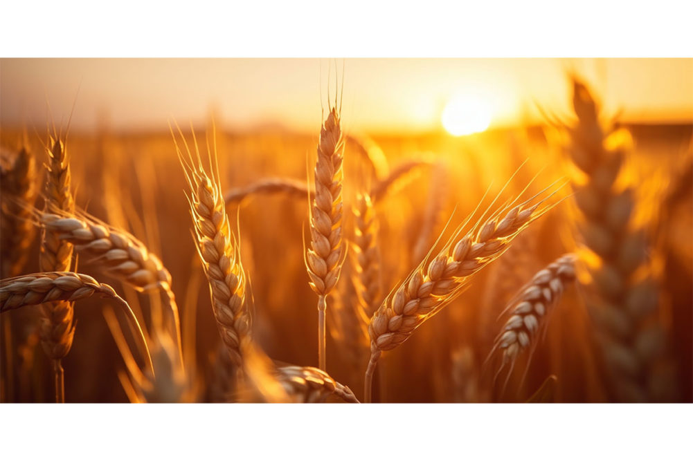 Golden field of wheat at sunset.