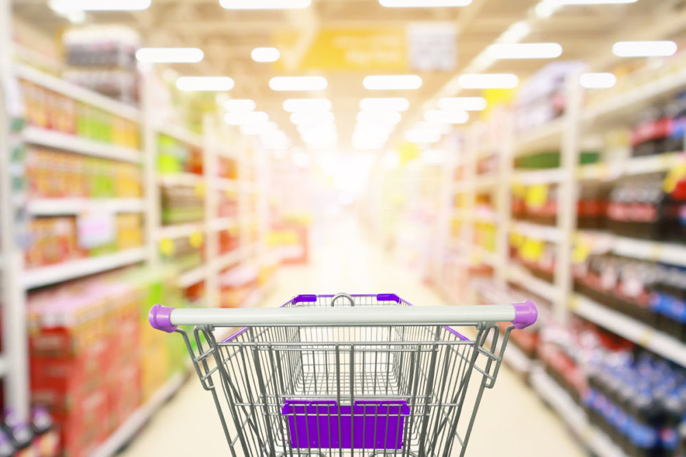 Cart in grocery store. 