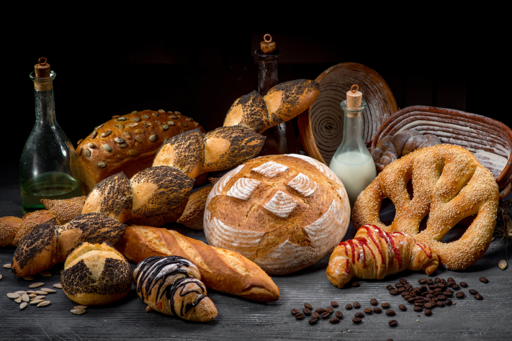 Assortment of baked foods. 