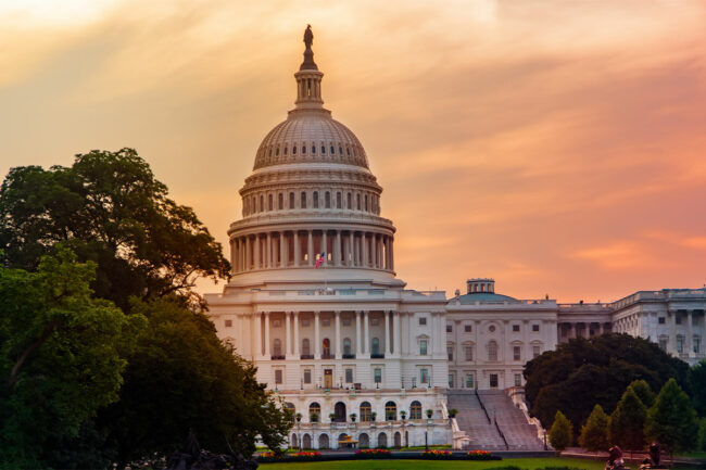 United States Capital Building at sunset.