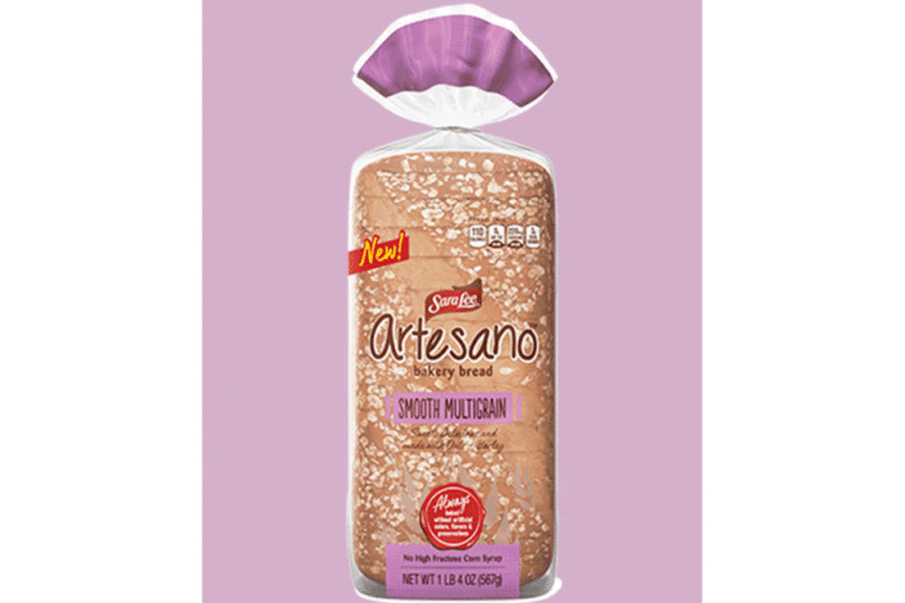 Loaf of Sara Lee Artesano Bread with Maude colored background. 
