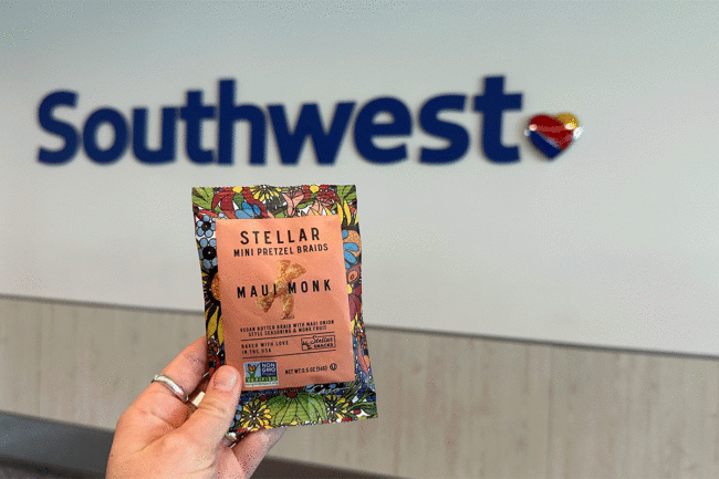 Stellar Snacks pretzels in front of Southwest Airlines logo. 