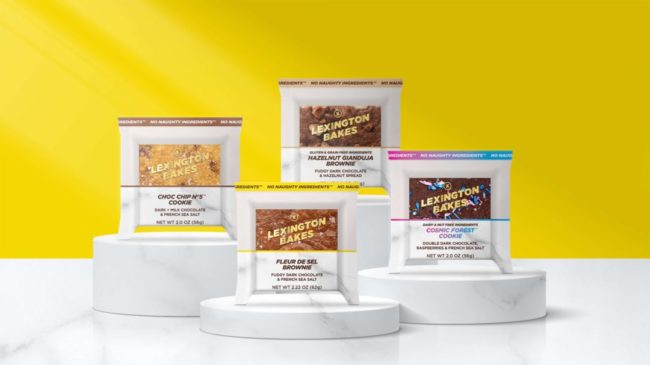 Assortment of Lexington Bakes products with yellow background. 