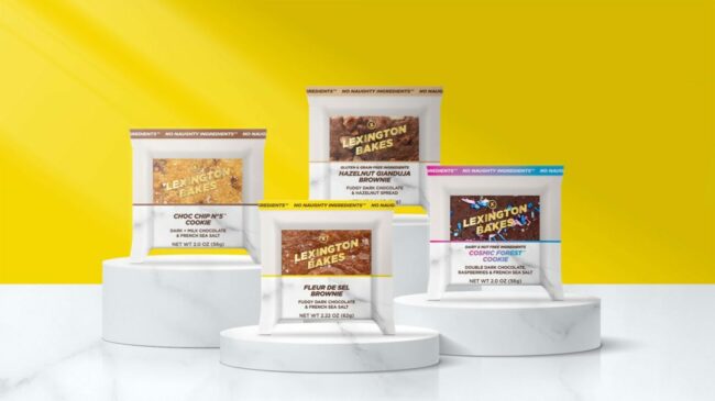 Assortment of Lexington Bakes products with yellow background. 