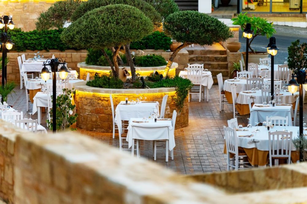 Outdoor restaurant at golden hour. 