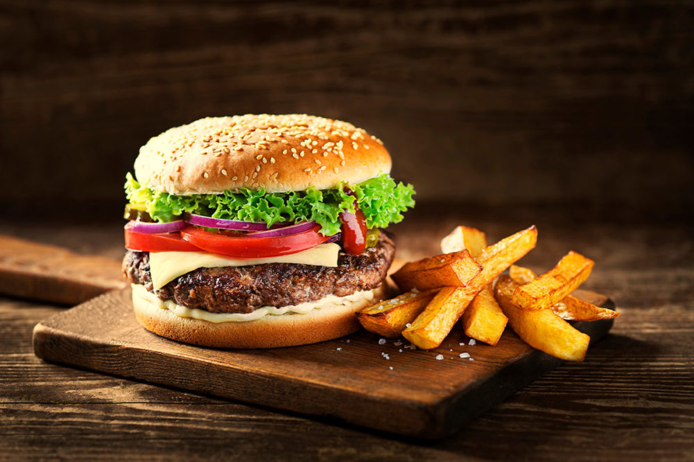 Cheeseburger and French fries. 