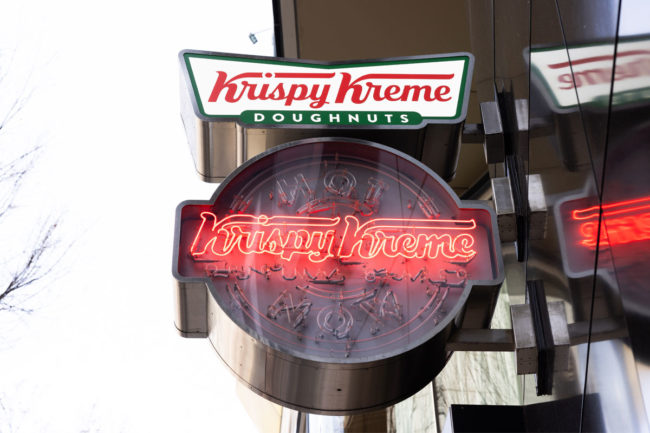 Outside a Krispy Kreme Donuts shop. 