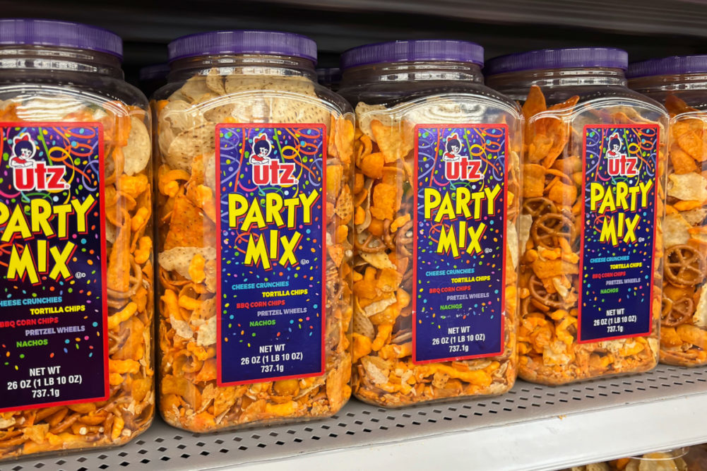 Utz's Party Mixes on grocery store shelf.