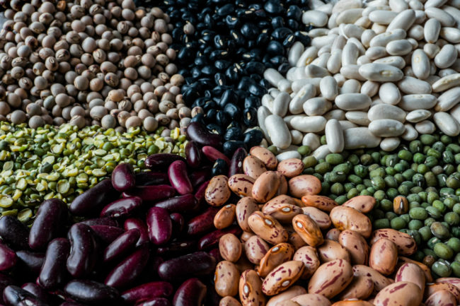 Assortment of multi-colored beans and legumes. 