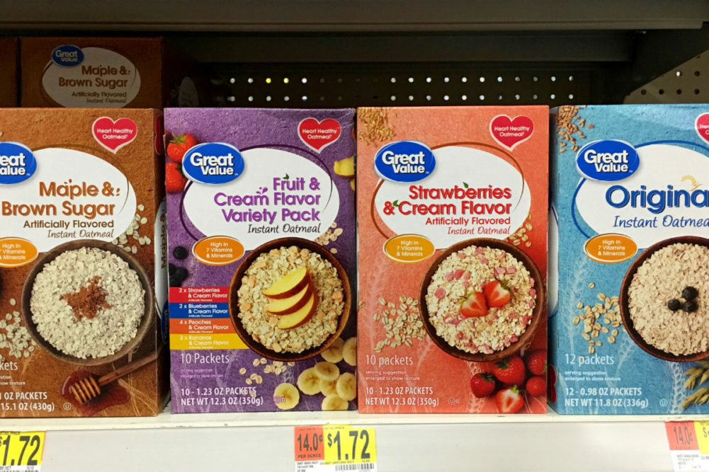 Assortment of Great Value oatmeals. 