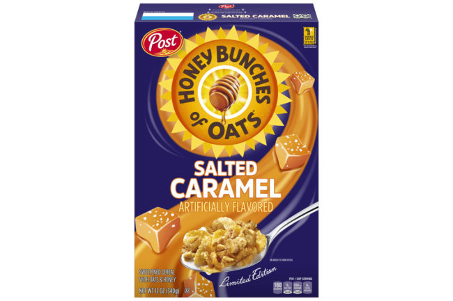 Box of Post Holdings Salted Caramel Honey Bunches of Oats. 