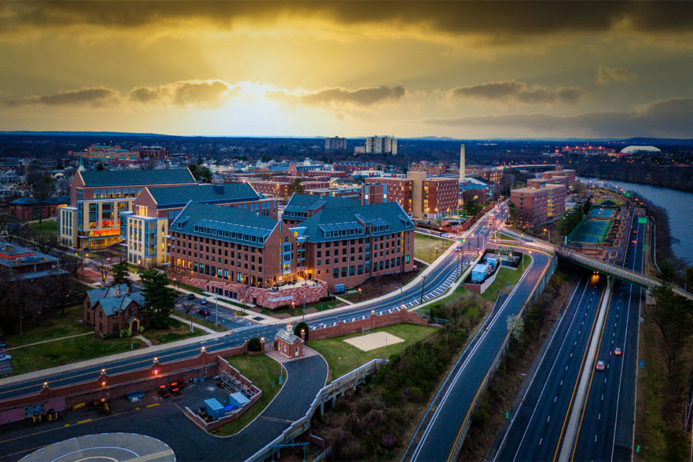 Aerial short of Rutgers New Brunswick Hospital. 