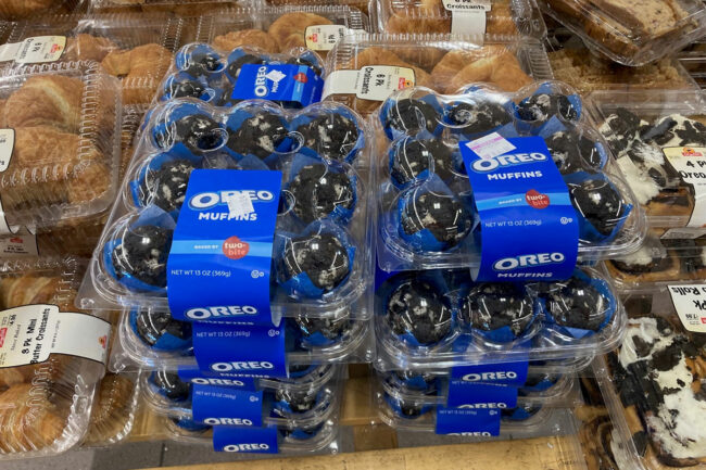 Oreo muffins in bakery department of grocery store. 