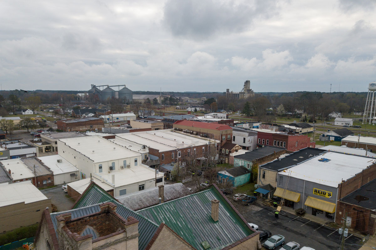 Aerial shot of Selma, North Carolina on a cloudy day. 