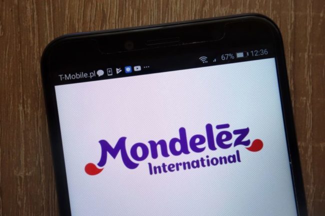 Mondelez International logo displayed on cellphone. 