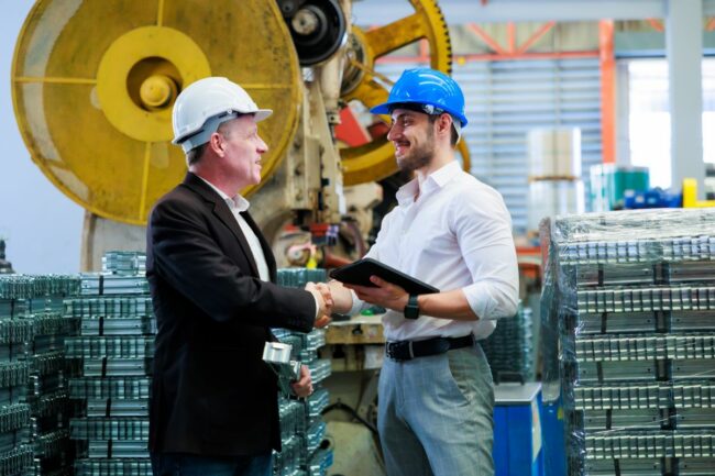 Business workers in hard hats shaking hands. 