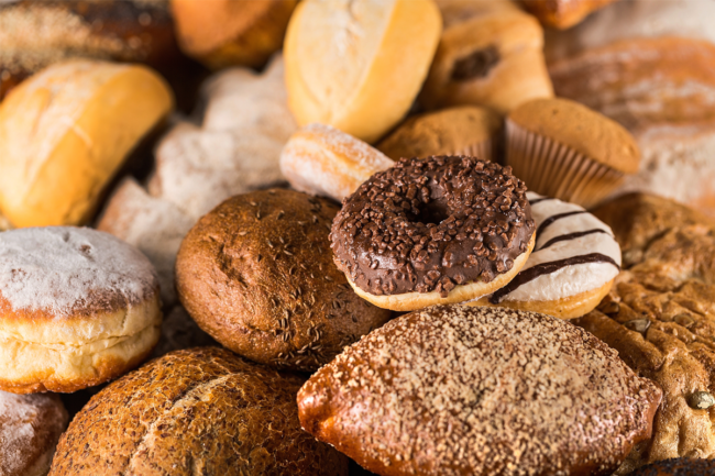 Assortment of baked foods. 