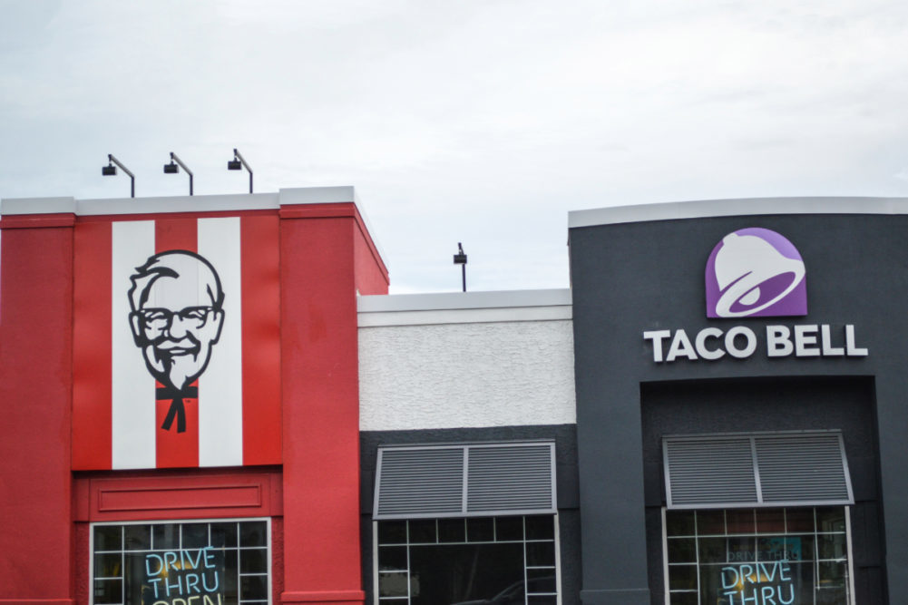 KFC and Taco Bell storefronts. 