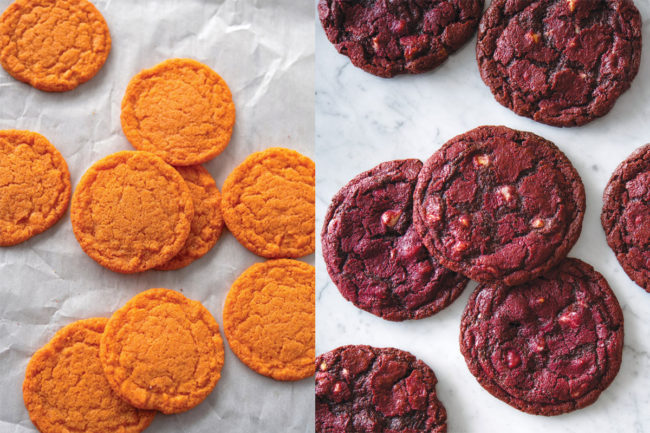 Orange cookies and red velvet cookies with artificial colors. 