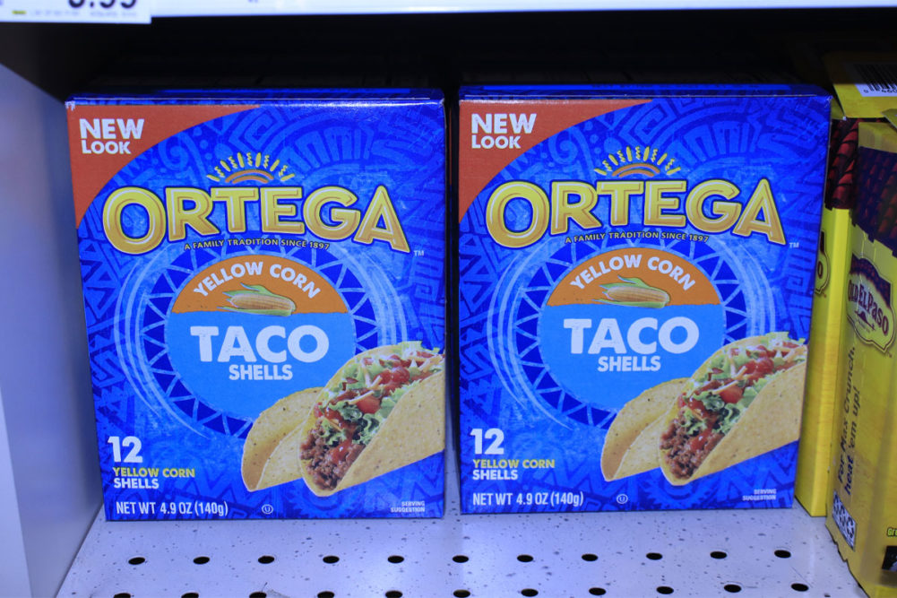 Boxes of Ortega Taco Shells at grocery store. 