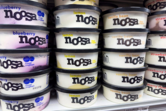 Cartons of Noosa yogurt on grocery store shelf. 