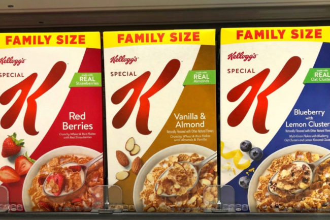 Assortment of Special K cereals on grocery store shelf. 