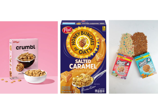 Product shots of three different cereals. 