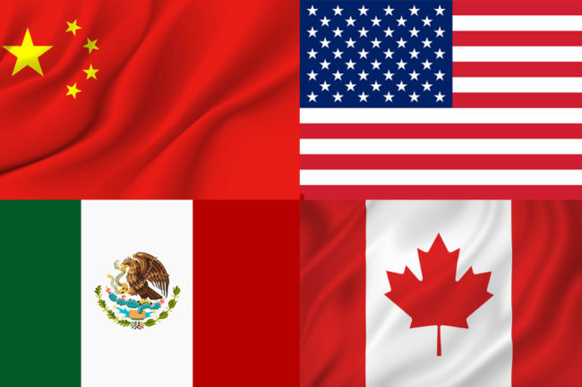 China Flag, USA Flag, Mexico Flag & Canada Flag.