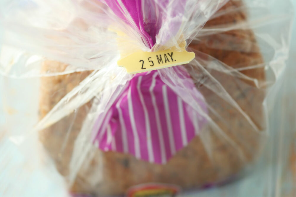 Close-up shot of expiration label on bread. 