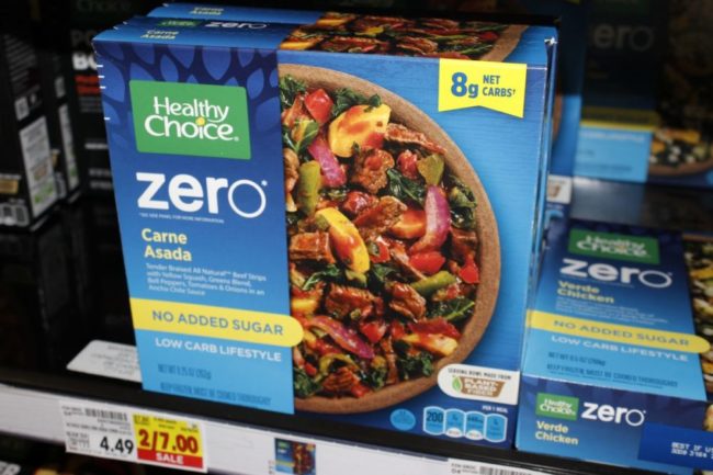 Healthy Choice frozen meal at grocery store. 