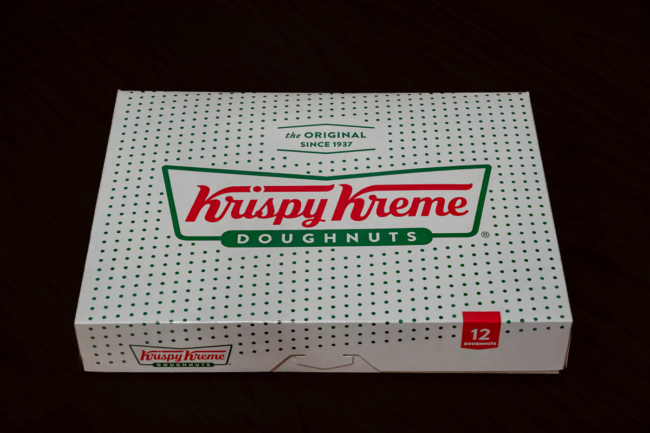 Box of Krispy Kreme donuts unopened.