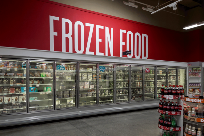 Frozen foods section at grocery store. 