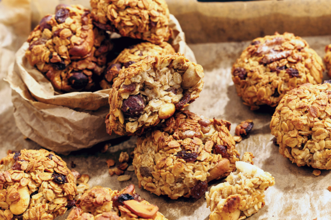 Crunchy granola clusters with nuts and dried fruits. 