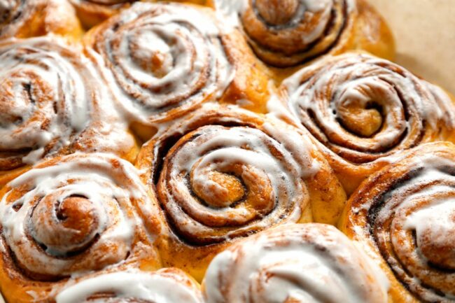 Close-up shot of cinnamon rolls. 