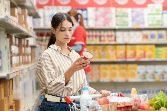 Woman checking ingredients label at grocery store.